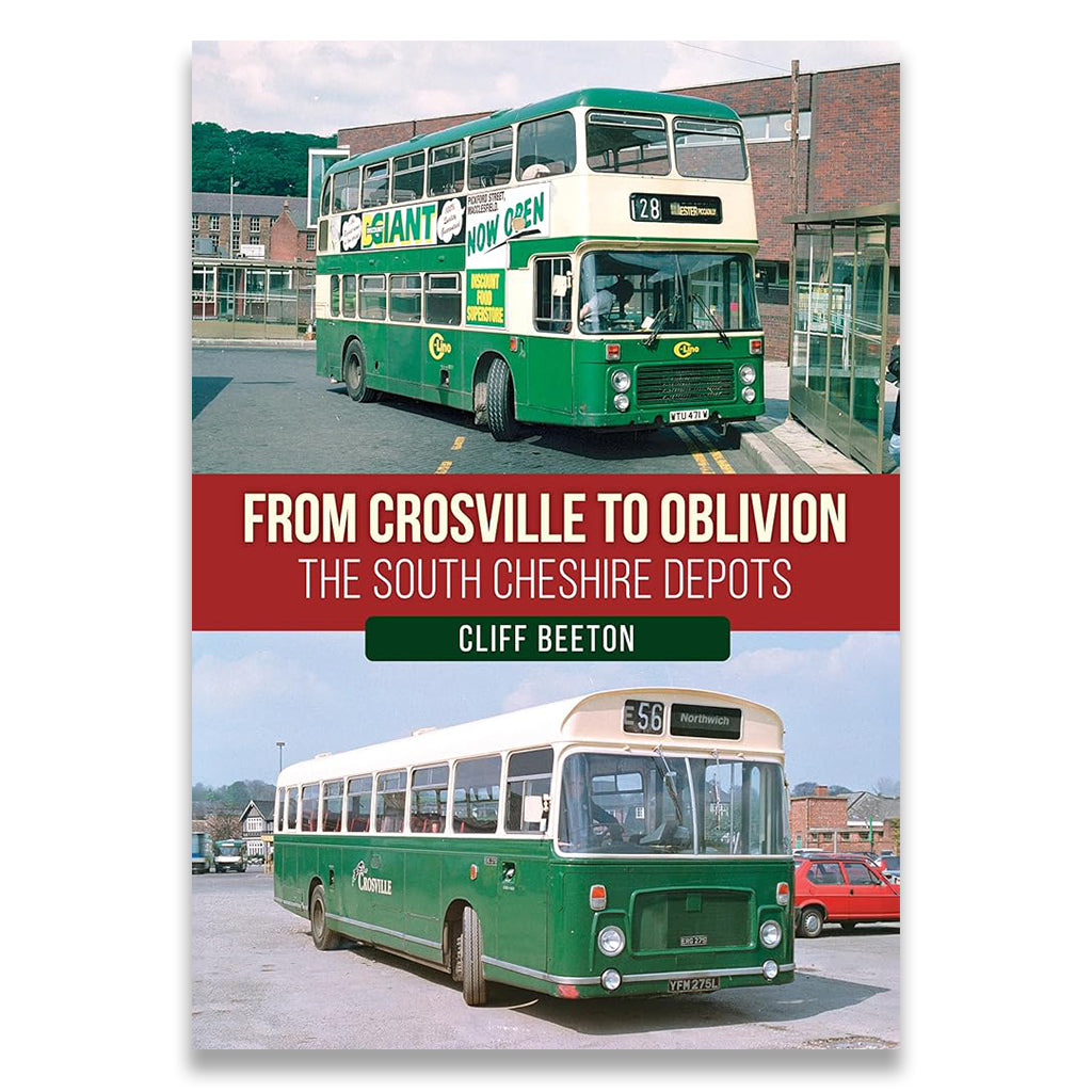 Book cover featuring images of green buses with text about South Cheshire depots.