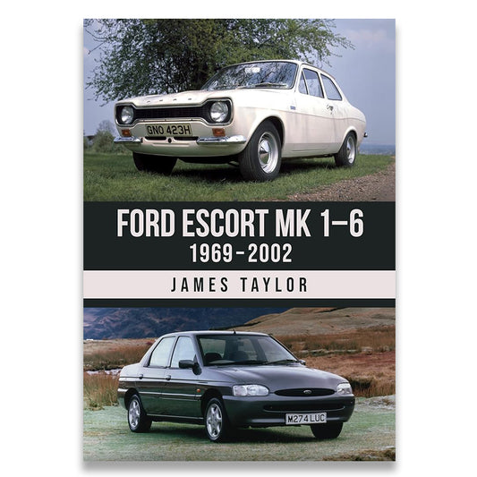 Book cover featuring images of Ford Escort cars with text about the model range and author.