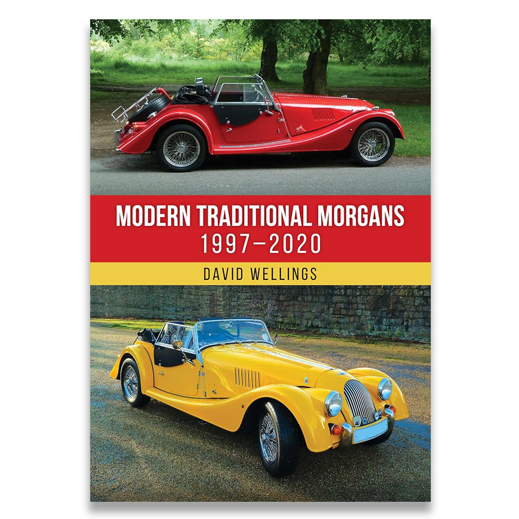 Book cover for 'Modern Traditional Morgans 1997-2020' by David Wellings, featuring a red convertible Morgan at the top and a yellow convertible Morgan at the bottom, separated by a red and yellow title band.