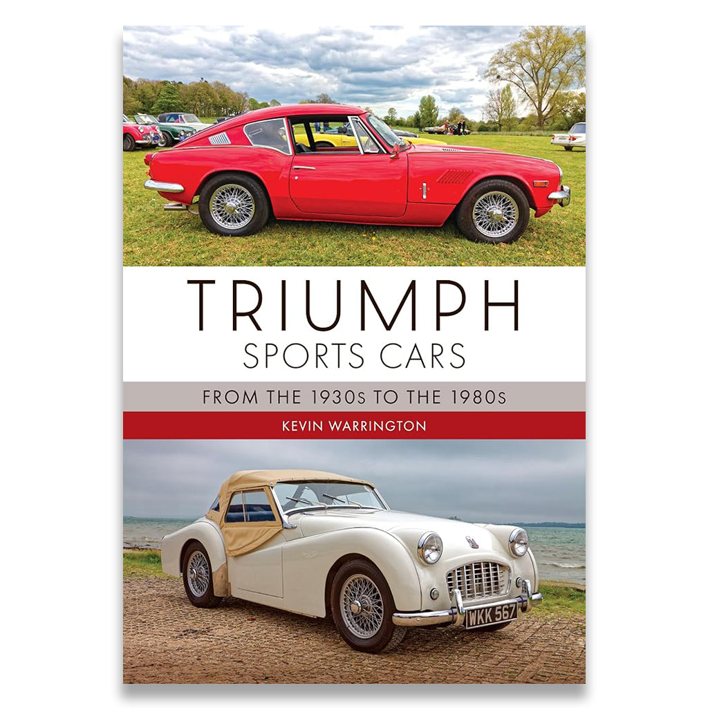 Book cover for 'Triumph Sports Cars: From the 1930s to the 1980s' by Kevin Warrington, featuring two vintage Triumph cars on a grassy field and by the sea, with the title in large text across the center.