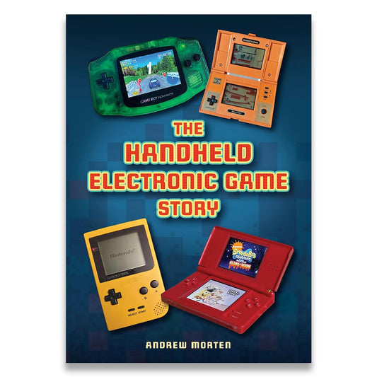 Book cover for 'The Handheld Electronic Game Story' by Andrew Morten, featuring four retro handheld game consoles on a dark blue pixelated background.