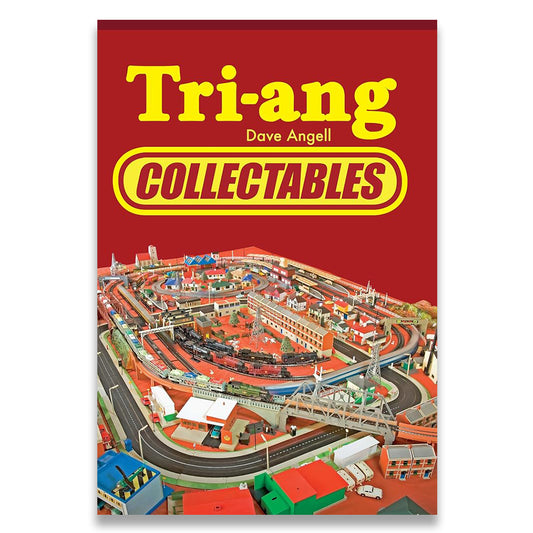 Book cover for 'Tri-ang Collectables' by Dave Angell, featuring a red background with bold yellow title text and a detailed miniature model train layout at the bottom.