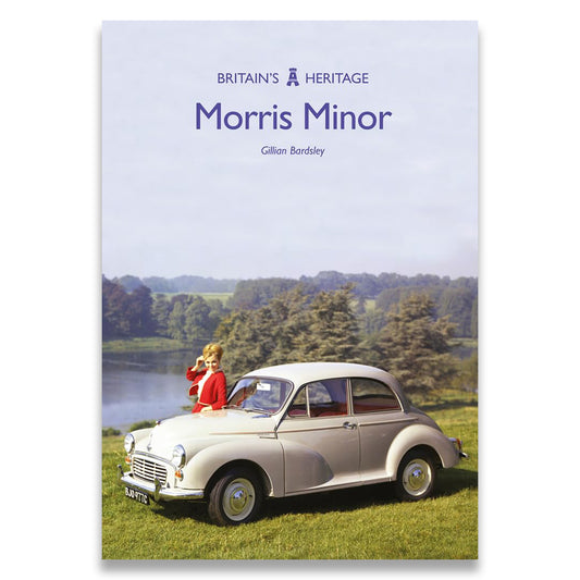 Book cover of 'Morris Minor' by Gillian Bardsley with a vintage car and woman in a red coat on a grassy field.