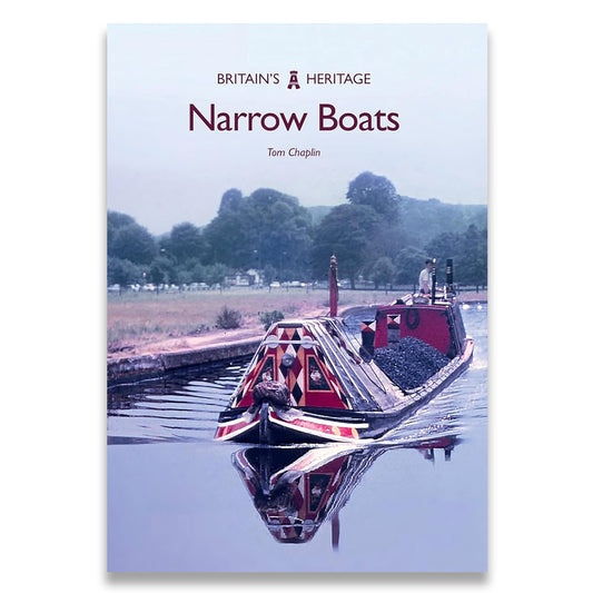Book cover of 'Narrow Boats' by Tom Chaplin with a photo of narrowboats on water.