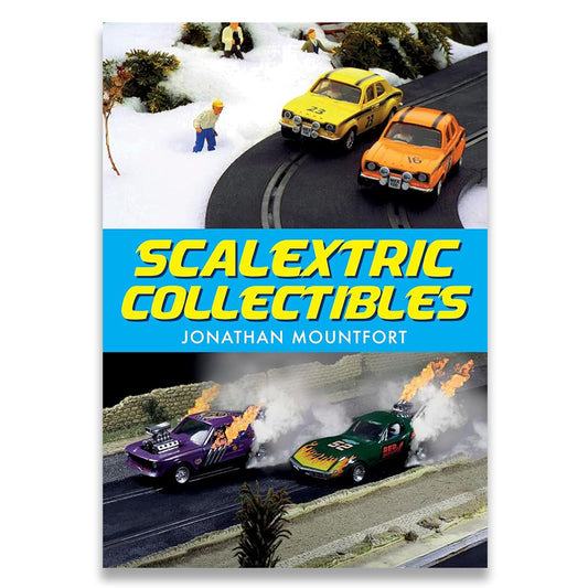 Book cover of 'Scalextric Collectibles' by Jonathan Mountfort with toy cars on a track.