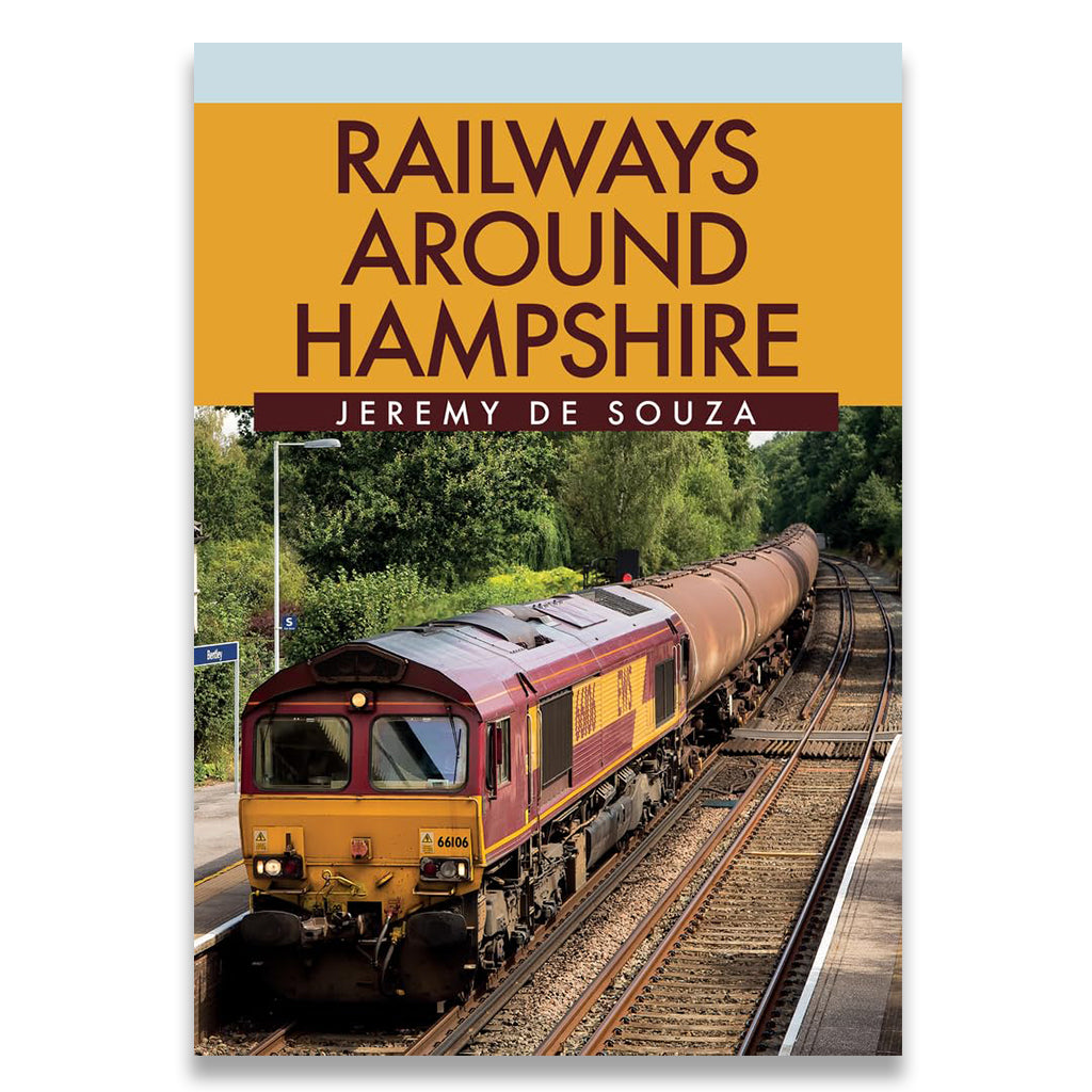 A book cover titled 'Railways Around Hampshire' by Jeremy De Souza, featuring a photograph of a maroon and yellow train on tracks with green trees in the background.