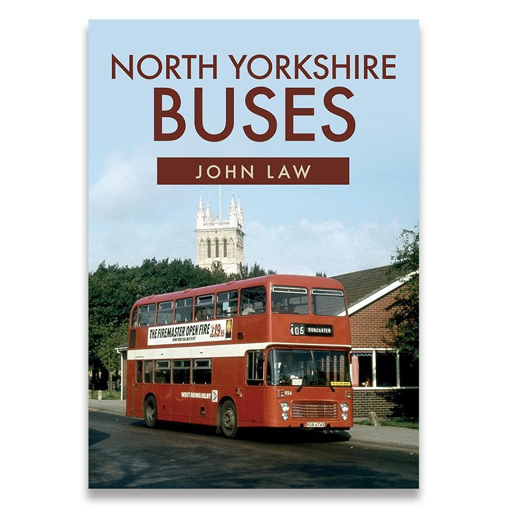 Book cover of 'North Yorkshire Buses' with a red double-decker bus on a blue background