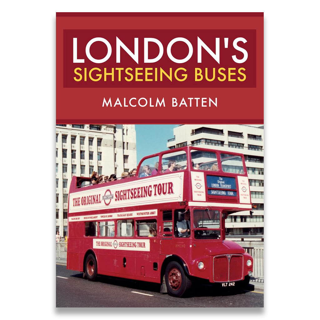 Book cover of 'London's Sightseeing Buses' with a red double-decker bus on a city street.