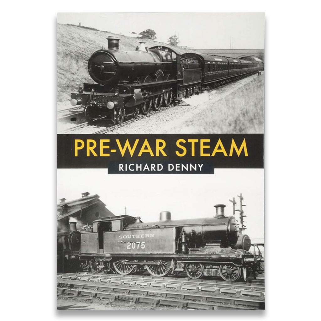 Book cover of 'Pre-War Steam' by Richard Denny featuring black and white images of steam trains.