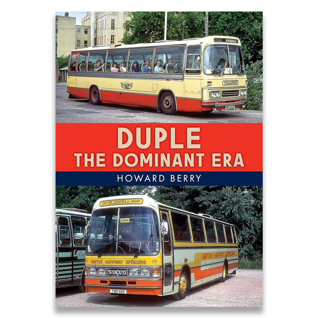 Book cover for 'Duple: The Dominant Era' by Howard Berry, featuring two vintage double-decker buses on a split background with a bold red title banner in the center.