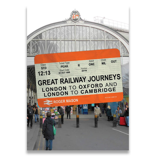 Book cover of 'Great Railway Journeys' with a train ticket design and station background.