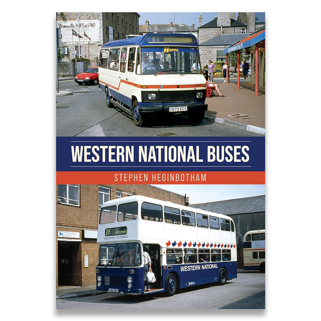 Two images of buses with 'Western National' branding, featuring a cover titled 'Western National Buses' by Stephen Heginbotham.