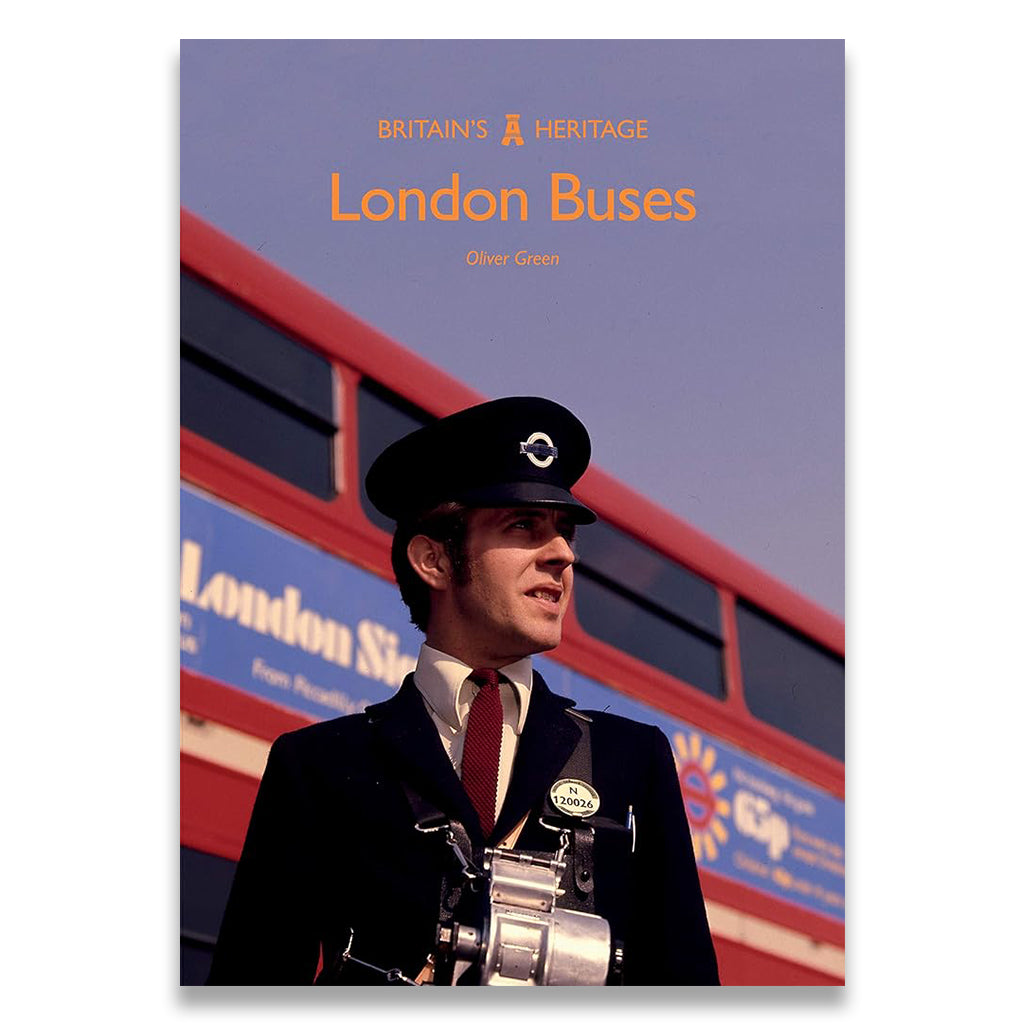 Book cover of 'London Buses' featuring a bus driver and a London bus in the background.