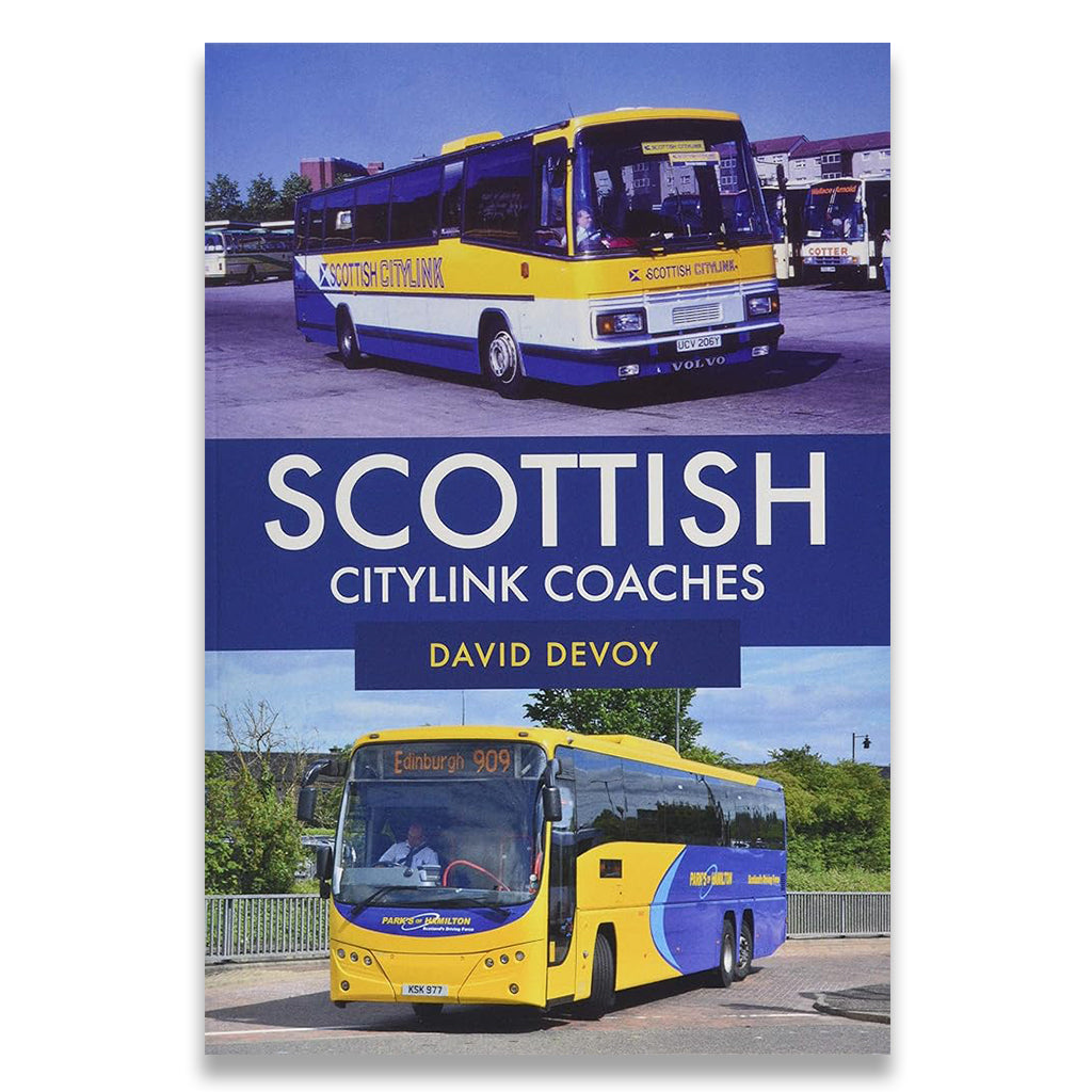 Book cover of 'Scottish Citylink Coaches' with images of buses and text.