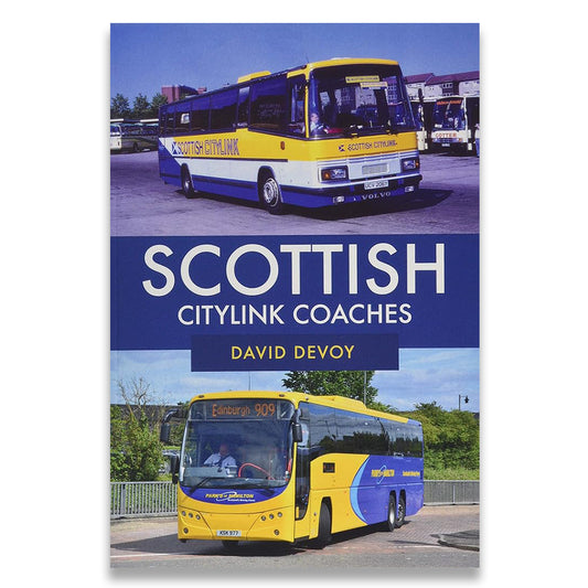 Book cover of 'Scottish Citylink Coaches' with images of buses and text.
