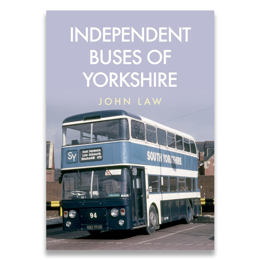 Book cover of 'Independent Buses of Yorkshire' with a vintage double-decker bus on a light purple background.