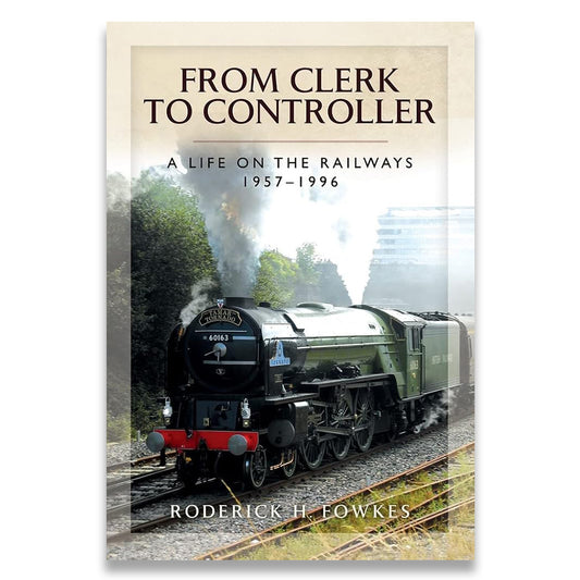 Book cover of 'From Clerk to Controller' with a steam train on tracks.