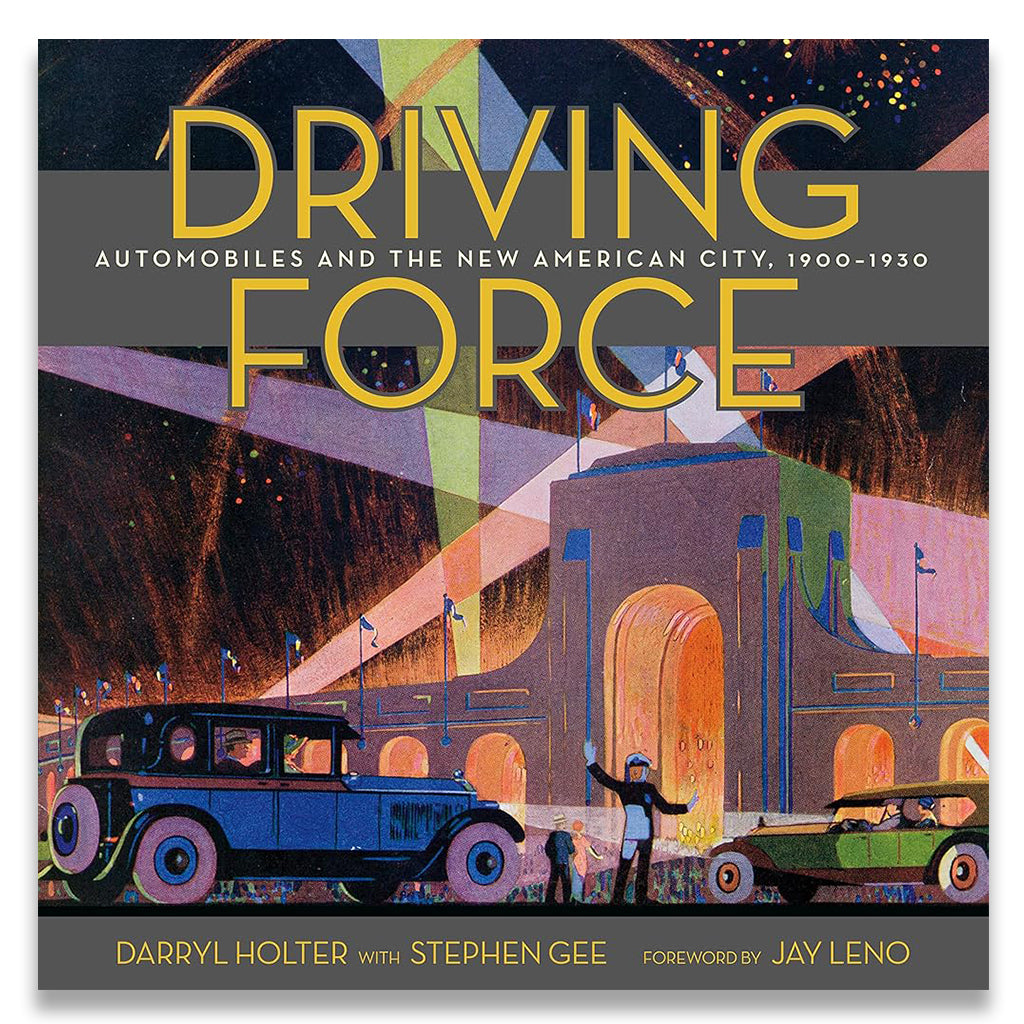 Book cover of 'Driving Force' with vintage cars and cityscape illustration.