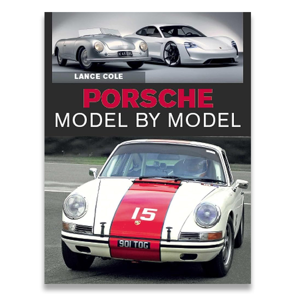 Book cover of 'Porsche Model by Model' with images of Porsche cars.