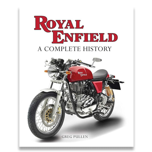 Book cover of 'Royal Enfield: A Complete History' with a red motorcycle on a white background