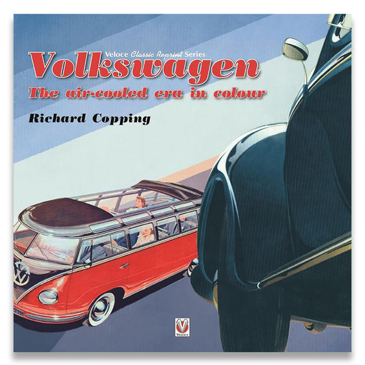 Book cover for 'Volkswagen The air-cooled era in colour' by Richard Copping, featuring a stylized illustration of a red and silver Volkswagen van and part of a dark blue car against a blue and white geometric background.