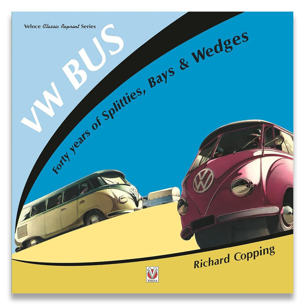 Book cover of 'VW Bus: Forty Years of Splitters, Bays & Wedges' by Richard Copping with two Volkswagen buses on a blue and yellow background.