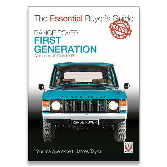 Book cover for 'The Essential Buyer's Guide: Range Rover First Generation' featuring a front view of a turquoise Range Rover on a white-to-black gradient background, with a red '150,000+ miles' badge and the VGC logo at the bottom right.