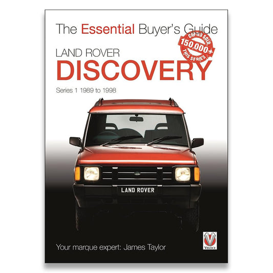 Book cover for 'The Essential Buyer's Guide Land Rover Discovery Series 1 1989 to 1998' featuring a front view of a red Land Rover on a white-to-black gradient background, with a red badge reading 'Over 150,000 cars sold'.