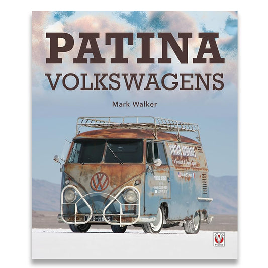 Book cover of 'Patina Volkswagens' with a vintage van and desert background