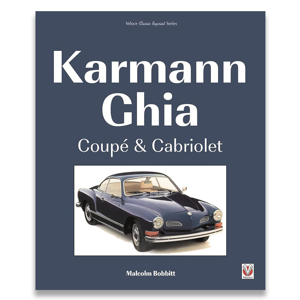 Book cover of 'Karmann Ghia Coupé & Cabriolet' with a vintage car image on a blue background