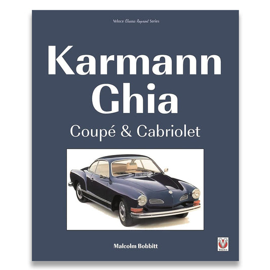 Book cover of 'Karmann Ghia Coupé & Cabriolet' with a vintage car image on a blue background