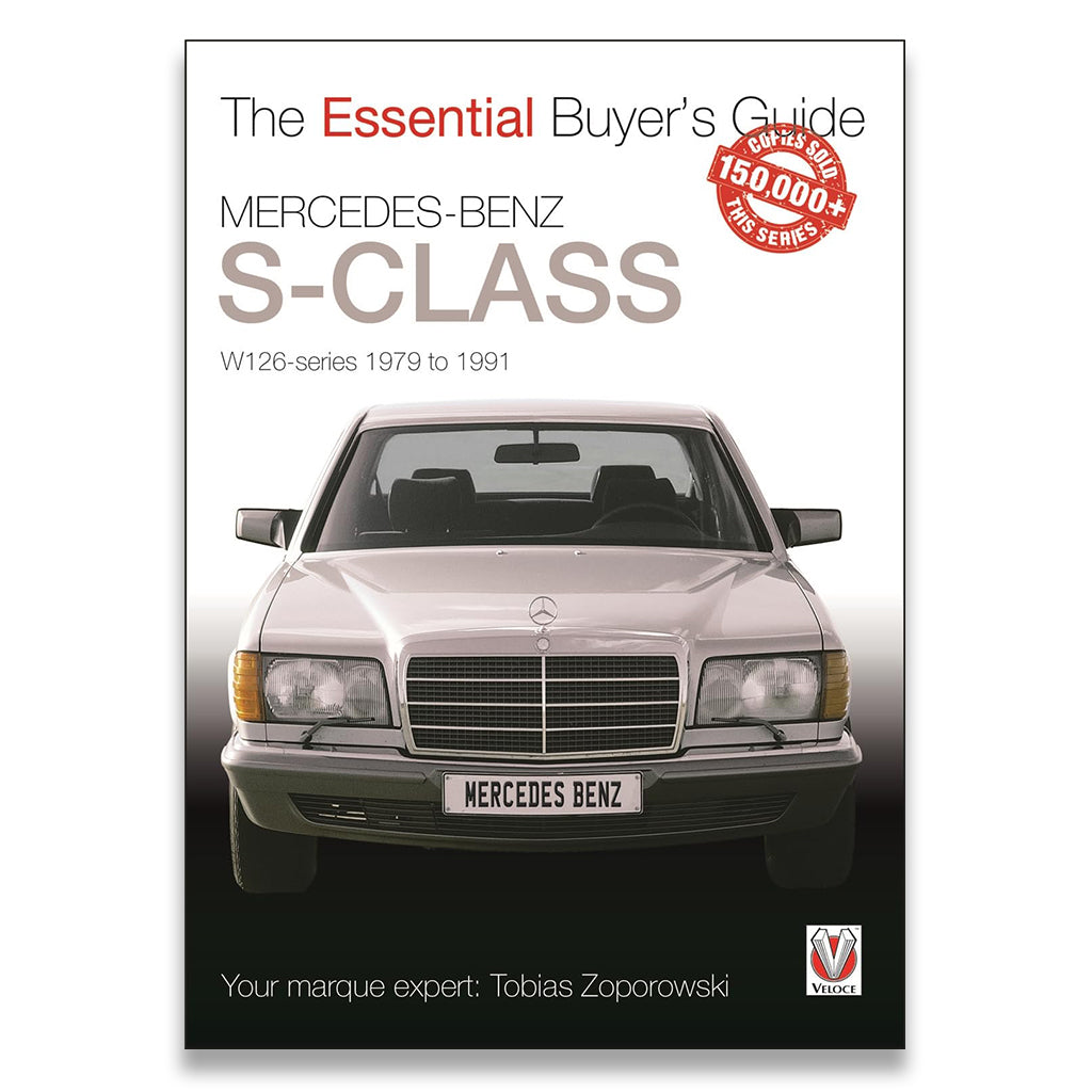 Book cover for 'The Essential Buyer's Guide Mercedes-Benz S-Class' featuring a front view of a silver Mercedes-Benz W126 series car on a white-to-black gradient background.