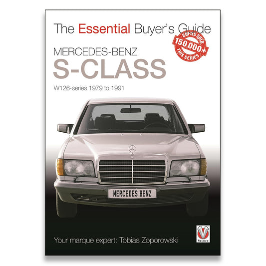Book cover for 'The Essential Buyer's Guide Mercedes-Benz S-Class' featuring a front view of a silver Mercedes-Benz W126 series car on a white-to-black gradient background.
