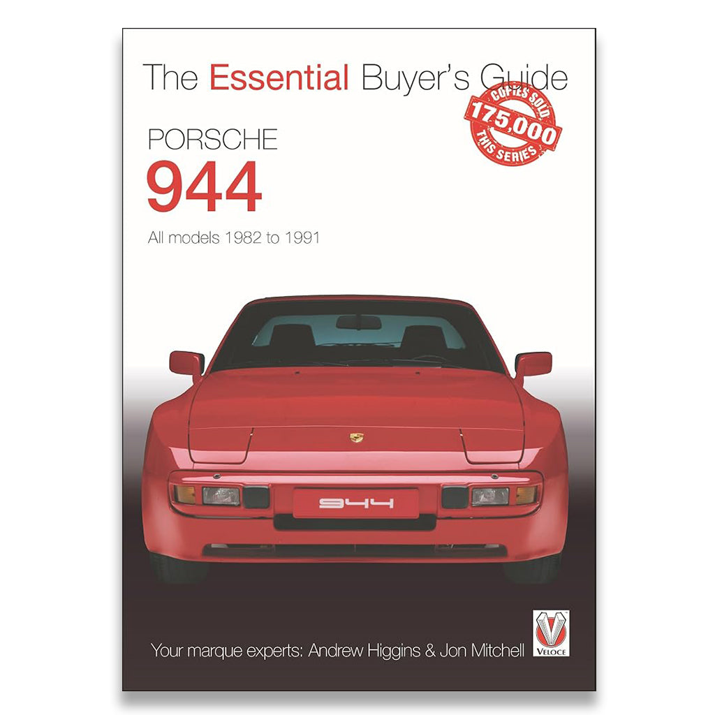 Front cover of a Porsche 944 buyer's guide book, featuring a red Porsche 944 car centered on a white background with title text and a red circular badge.