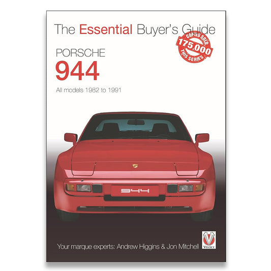 Front cover of a Porsche 944 buyer's guide book, featuring a red Porsche 944 car centered on a white background with title text and a red circular badge.