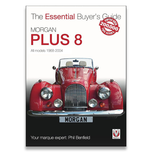 Front cover of the book 'The Essential Buyer's Guide Morgan Plus 8' by Phil Benfield, featuring a red vintage Morgan car on a white and black background with a red circular badge reading 'Over 200,000 copies sold'.