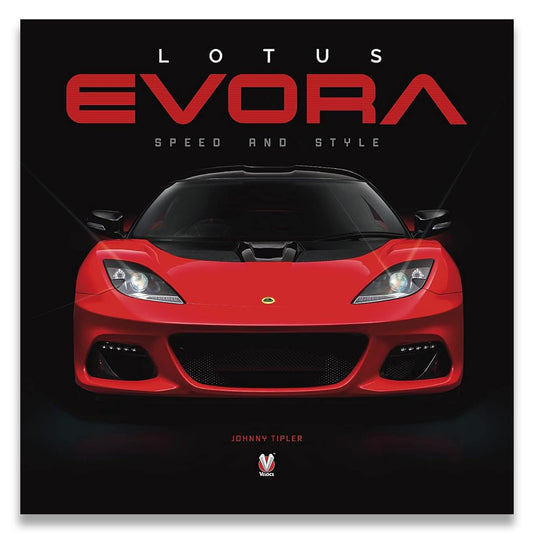 A square book cover featuring a red Lotus Evora sports car on a black background, with the title 'LOTUS EVORA' in large red and white text and the author name 'Johnny Tipler' at the bottom.