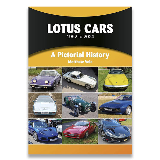 Book cover of 'Lotus Cars 1952 to 2024: A Pictorial History' by Matthew Vale with images of various Lotus cars.