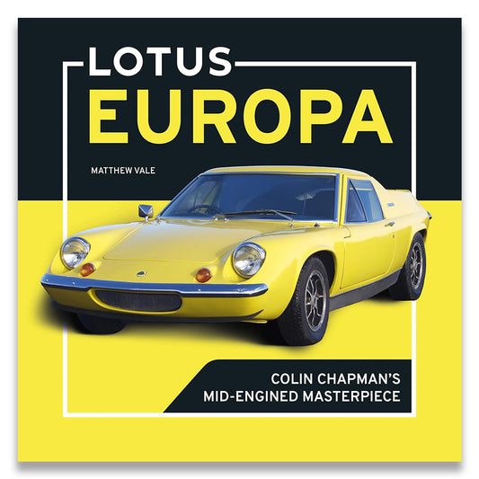 Book cover for 'Lotus Europa' by Matthew Vale, featuring a bright yellow classic Lotus Europa sports car on a split black and yellow background with bold yellow title text.