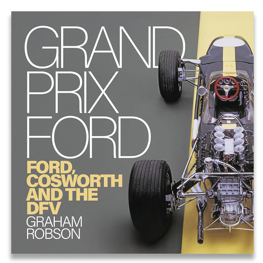 Book cover of 'Grand Prix Ford' with a race car and text on a gray and yellow background