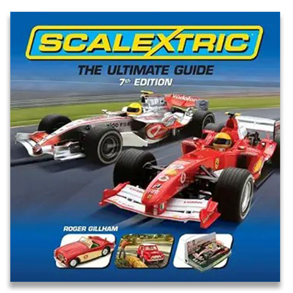 The front cover of the book 'Scalextric: The Ultimate Guide 7th Edition' by Roger Gillham, featuring two red and white Formula 1 racecars on a blue racetrack background with the Scalextric logo at the top.