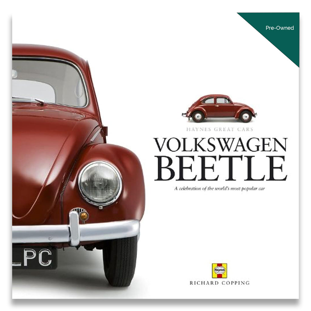Book cover for 'Volkswagen Beetle: A celebration of the world's most popular car' by Richard Copping, featuring a close-up of a classic red Beetle on the left and a small full car view with title text on the right against a white background.