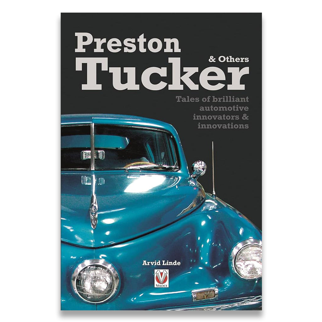 Book cover featuring a blue vintage car with text about Preston Tucker and automotive innovations.