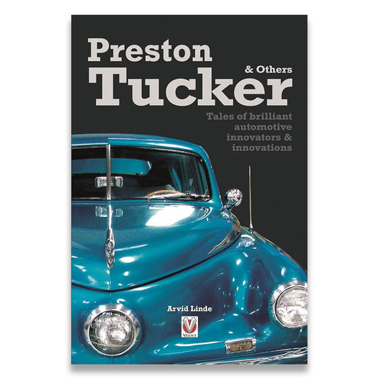 Book cover featuring a blue vintage car with text about Preston Tucker and automotive innovations.