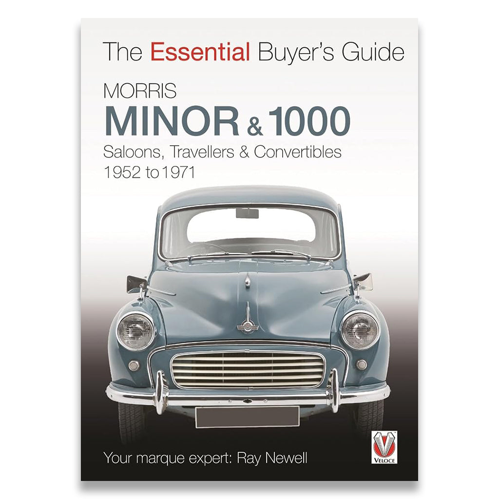 Book cover for 'The Essential Buyer's Guide Morris Minor & 1000' by Ray Newell, featuring a front-facing vintage blue car on a white-to-black gradient background.