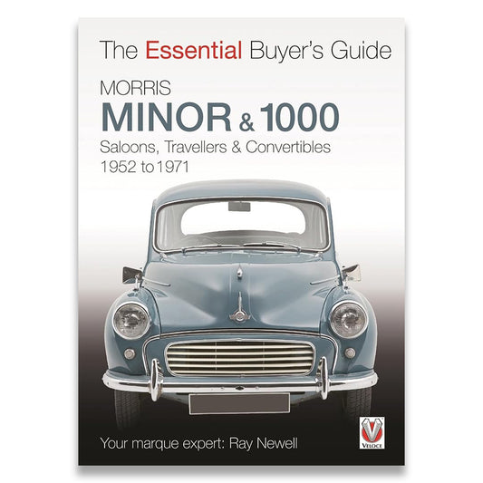 Book cover for 'The Essential Buyer's Guide Morris Minor & 1000' by Ray Newell, featuring a front-facing vintage blue car on a white-to-black gradient background.