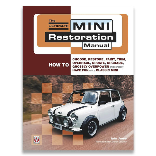 Front cover of 'The Ultimate Mini Restoration Manual' showing a white classic Mini car on a road, with the title in large text at the top and author name Iain Ayre at the bottom.