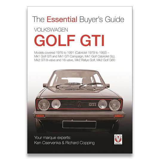 Front cover of a book titled "The Essential Buyer's Guide Volkswagen Golf GTI" with a large front view of a dark gray Volkswagen Golf GTI on a white background and black lower section.