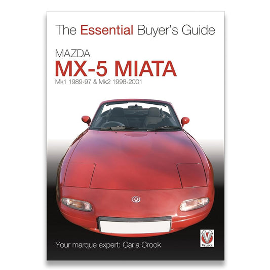 Front cover of a book titled "The Essential Buyer's Guide: Mazda MX-5 Miata Mk1 1989-97 & Mk2 1998-2001" featuring a red front view of a Mazda MX-5 Miata on a white-to-black gradient background.