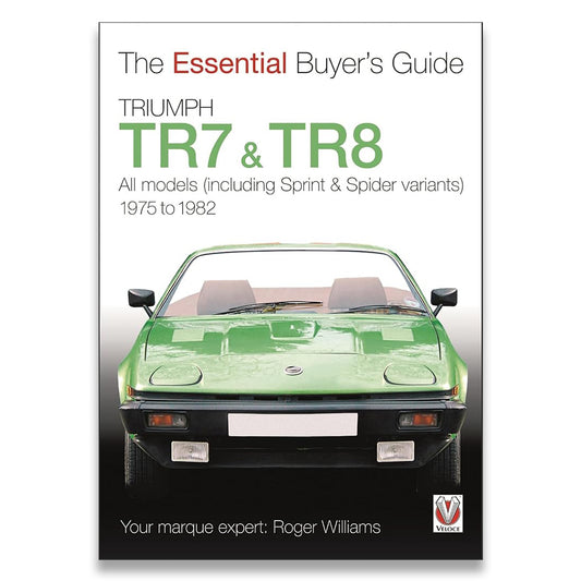 Book cover for 'The Essential Buyer's Guide: Triumph TR7 & TR8' featuring a green Triumph TR8 car on a white and black background.